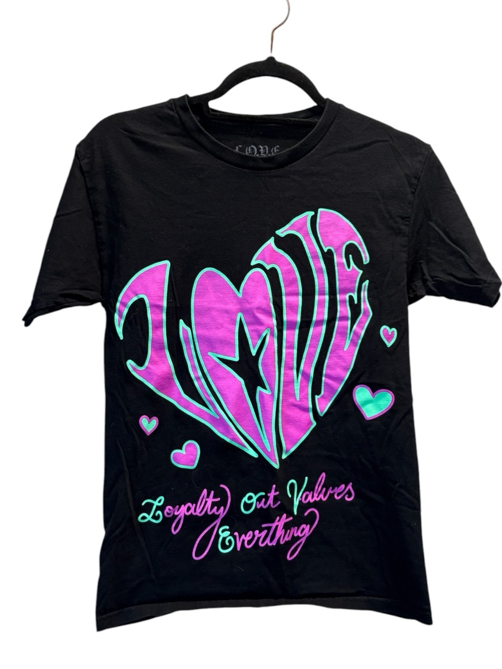Love Black Tee with Pink & Teal Heart Graphic